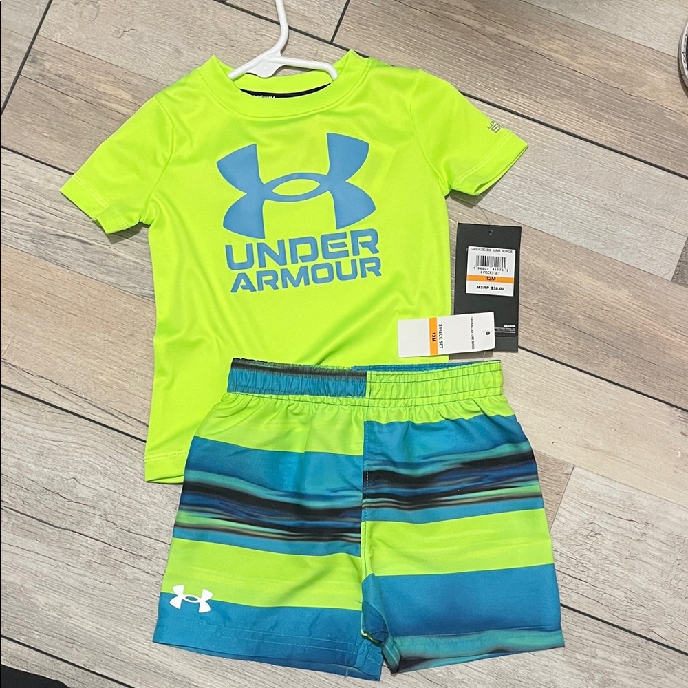 Under Armour Kids Swim Rashguard Set - Neon Green and Blue